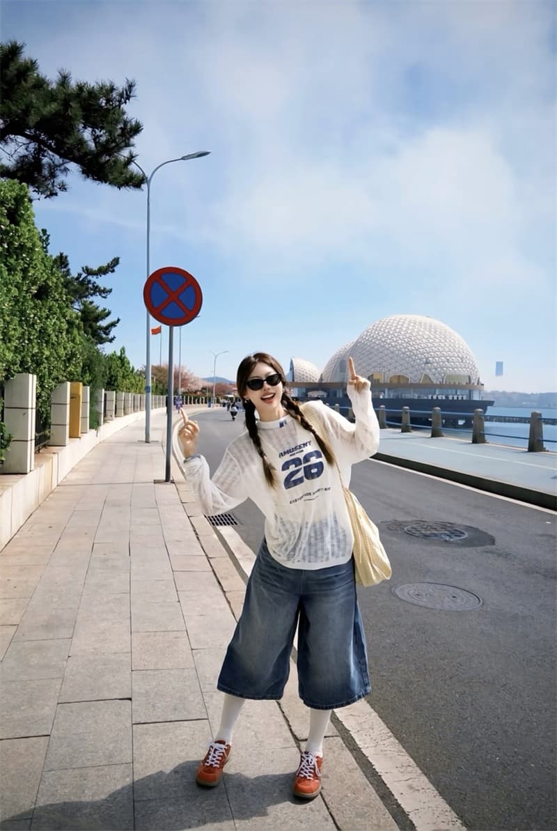 2026 여름 새로운 작은 키 아메리칸 얇은 스타일 레트로 스타일 워싱 하이웨이스트 넓은 다리 슬림해 보이는 7 점 청바지 여성 상세 이미지 3