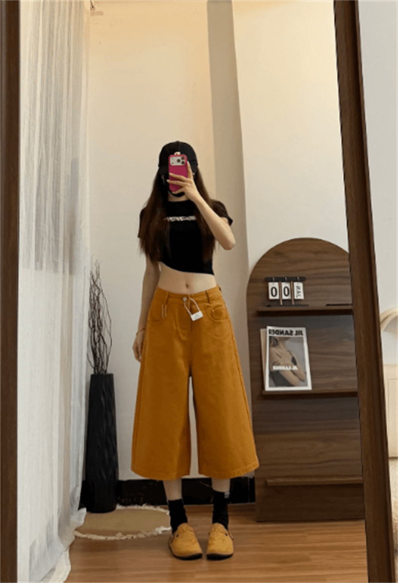 데님 7부 바지 여성 여름 얇은 스타일 작은 키 슬림해 보이는 넓은 다리가 짧다. 바지 도파민 주황색 다용도 캐주얼 바지 상세 이미지 1
