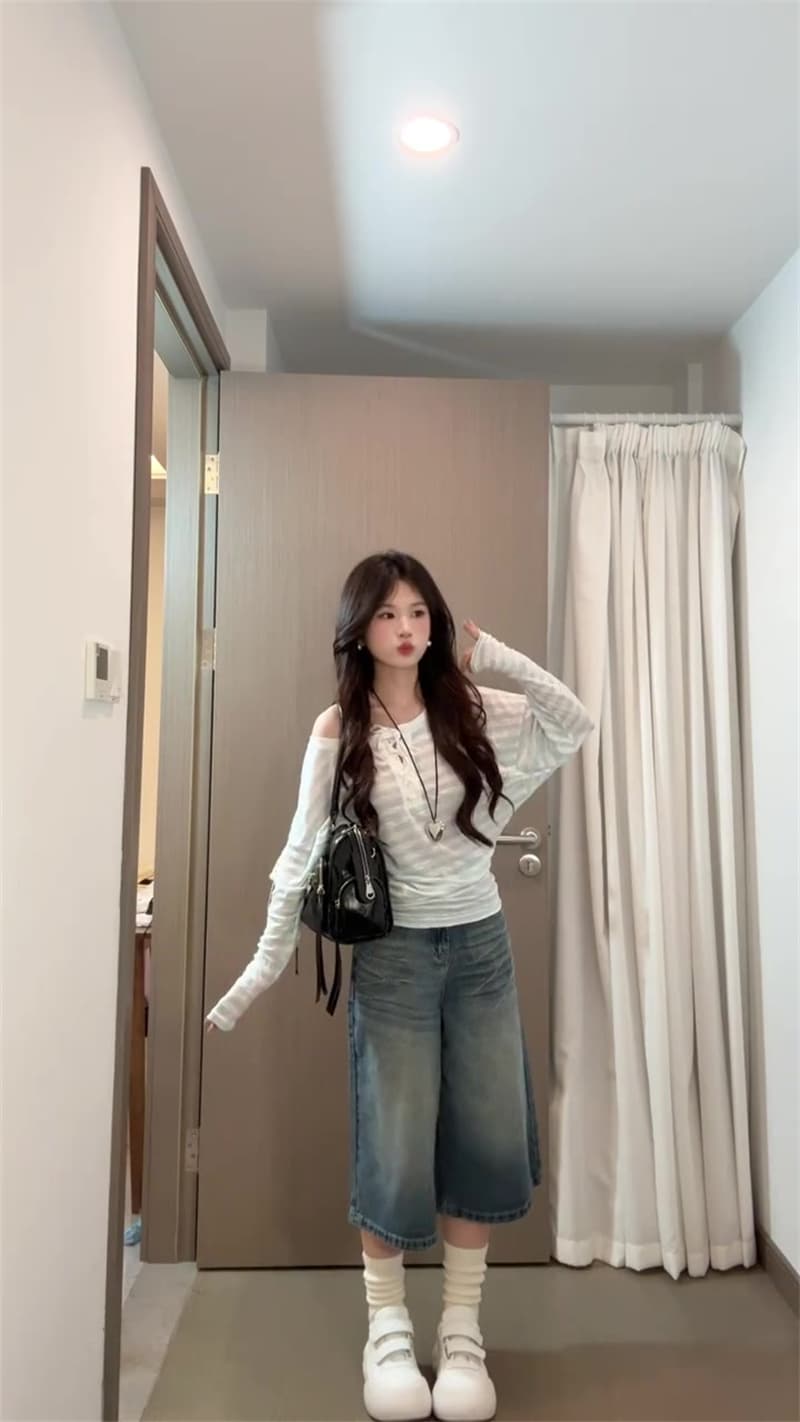 아메리칸 레트로 워싱 7 점 청바지 여성 여름 2026 새로운 하이웨이스트 루즈핏 넓은 다리 6 점 바지 반바지 상세 이미지 3