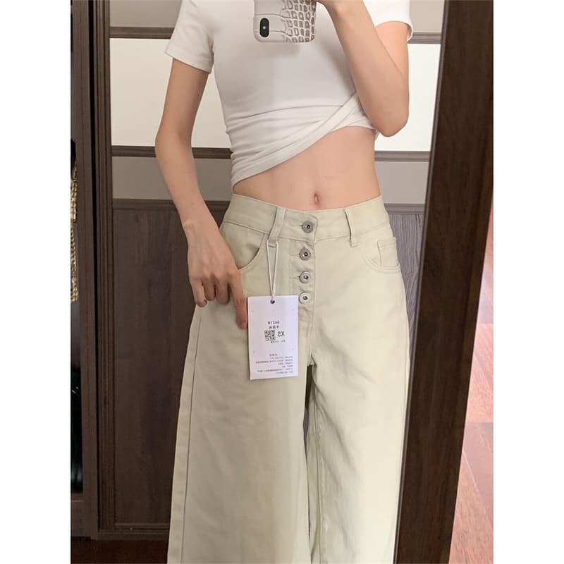 얕은 카키 7 점 데님 와이드 레깅스 바지 여름 새로운 싱글 줄 버튼 디자인 센스 루즈핏 캐주얼 바지 상세 이미지 3