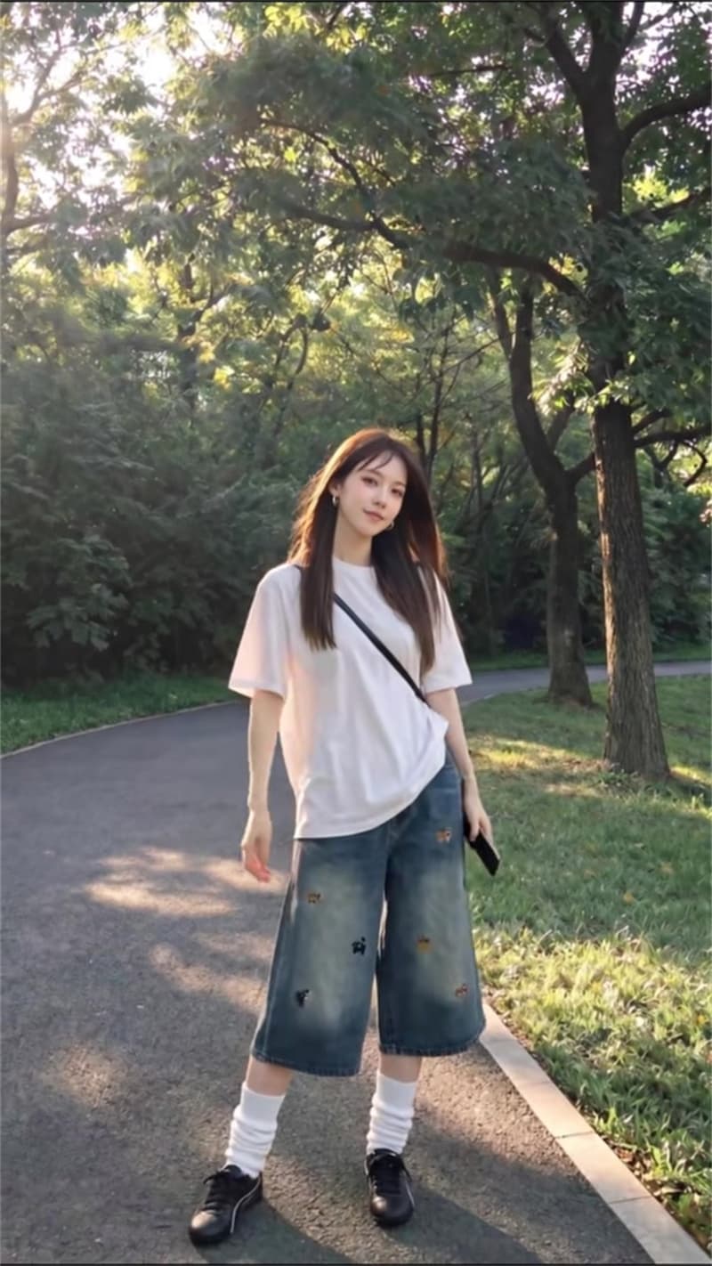 자수 7 점 청바지 여성 2026 새로운 루즈핏 재미있는 강아지 넓은 다리 바지 5 점 바지 상세 이미지 3
