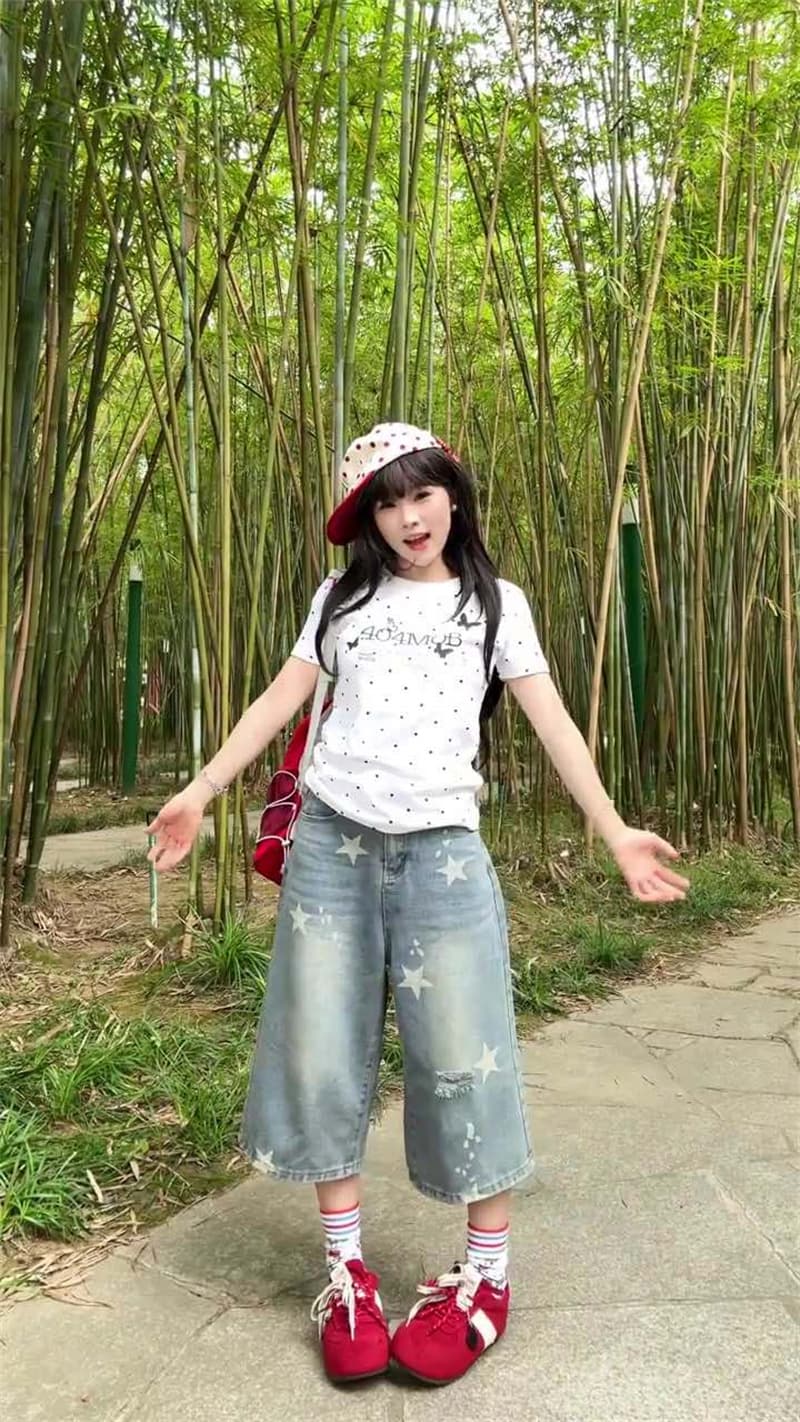 아메리칸 레트로 별 프린트 7 점 청바지 여성 여름 키 큰 남자 루즈핏 와이드 레그 팬츠 캐주얼 다용도 바지 이미지 4
