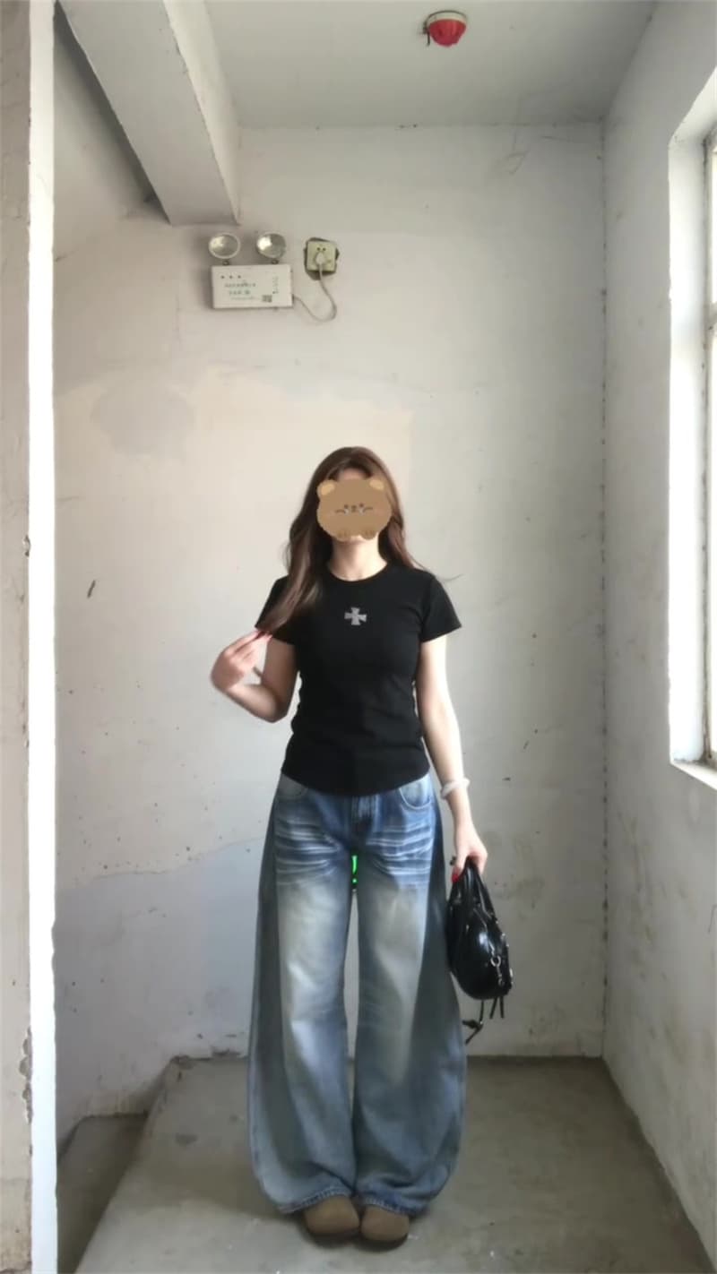 청바지 여성 여름 그라데이션 워싱 디자인 센스 고양이 반드시 곡물 모통이 칼 와이드 레그 팬츠 하이웨이스트 루즈핏 슬림해 보이는 바닥 청소 바지 상세 이미지 3