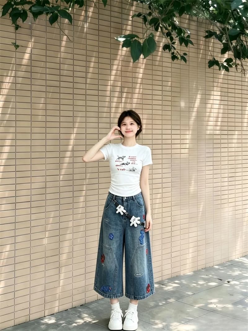 아메리칸 높음 거리 레트로 7 점 청바지 여성 여름 출퇴근 다용도 반바지 루즈핏 넓은 다리 스트레이트 무릎 아래 바지 이미지 2