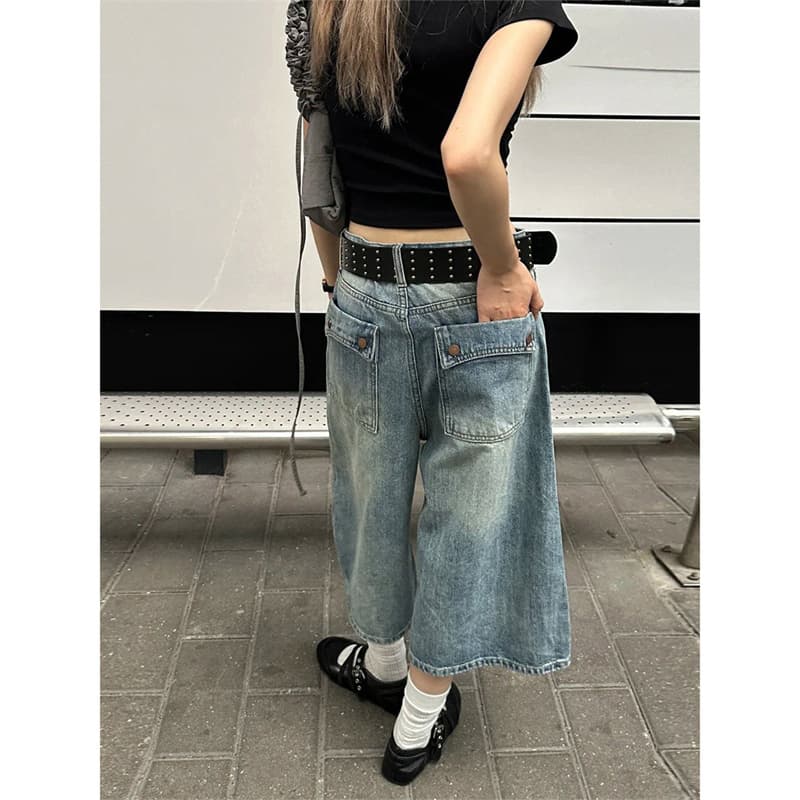아메리칸 레트로 워싱 7 점 데님 반바지 여성 2026 년 여름 얇은 스타일 하이웨이스트 슬림해 보이는 루즈핏 넓은 다리 바지 이미지 4