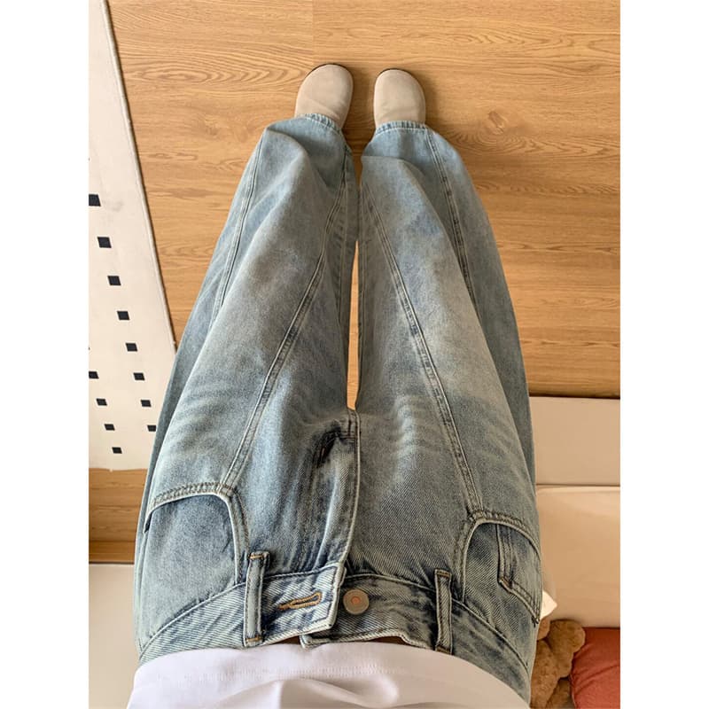 청바지 여성 여름 아메리칸 높음 거리 워싱 자수 디자인 센스 모통이 칼 바지 캐주얼 루즈핏 스트레이트 와이드 레그 팬츠 어린이 이미지 5