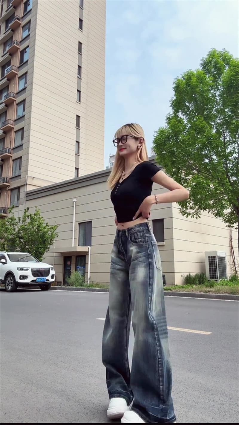 2026 여름 새로운 하이웨이스트 아메리칸 모통이 칼 레트로 청바지 여성 마 오래된 슬림해 보이는 바닥 청소 얇은 스타일 루즈핏 넓은 다리 상세 이미지 4