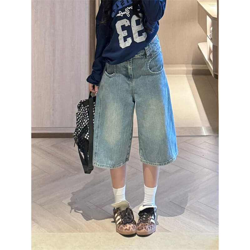 데님 7부 바지 여성 여름 아크 비정형 주머니 대나무 마디 곡물 와이드 레그 팬츠 하이웨이스트 워싱 슬림해 보이는 캐주얼 바지 상세 이미지 2