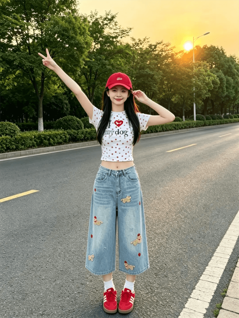 아메리칸 재미있는 강아지 자수 7 점 청바지 여성 여름 2026 새로운 무릎 아래 바지 넓은 다리 6 점 반바지 이미지 3