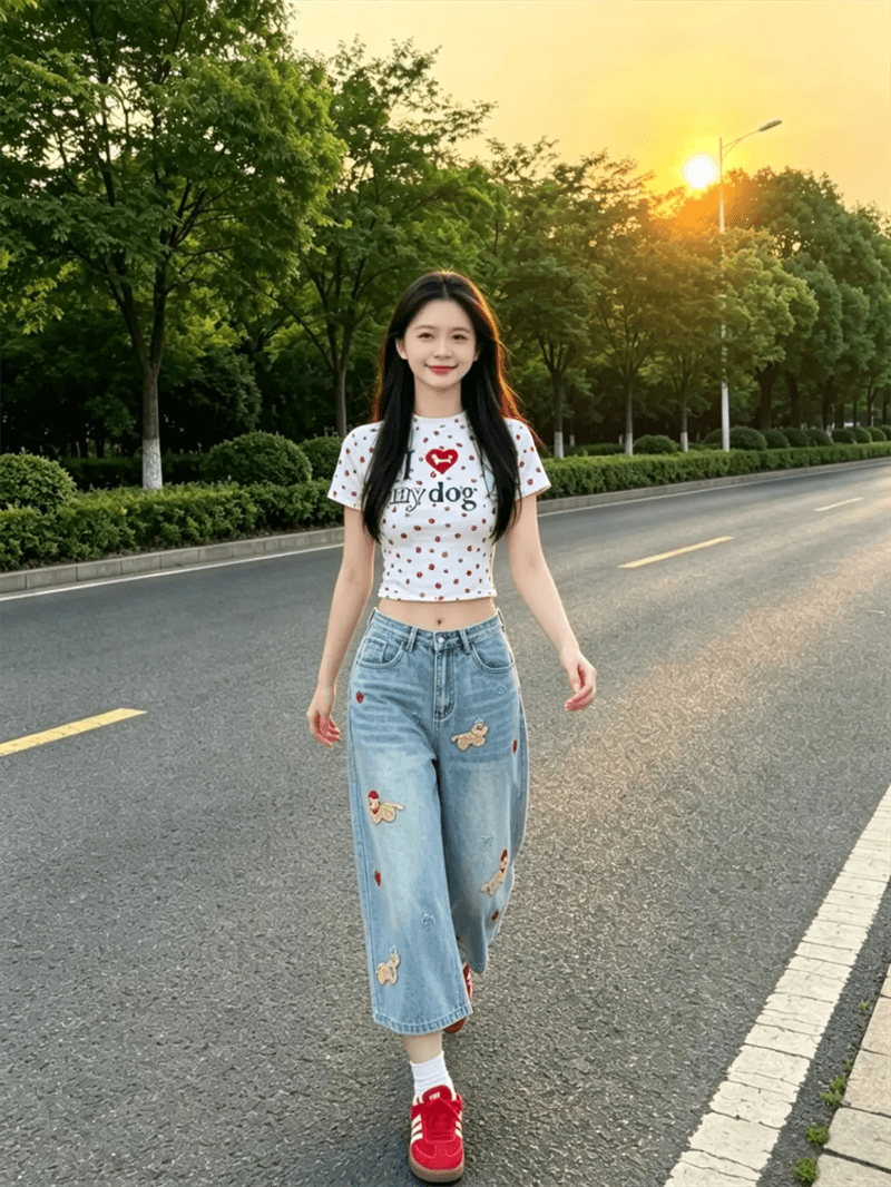 아메리칸 재미있는 강아지 자수 7 점 청바지 여성 여름 2026 새로운 무릎 아래 바지 넓은 다리 6 점 반바지 이미지 4