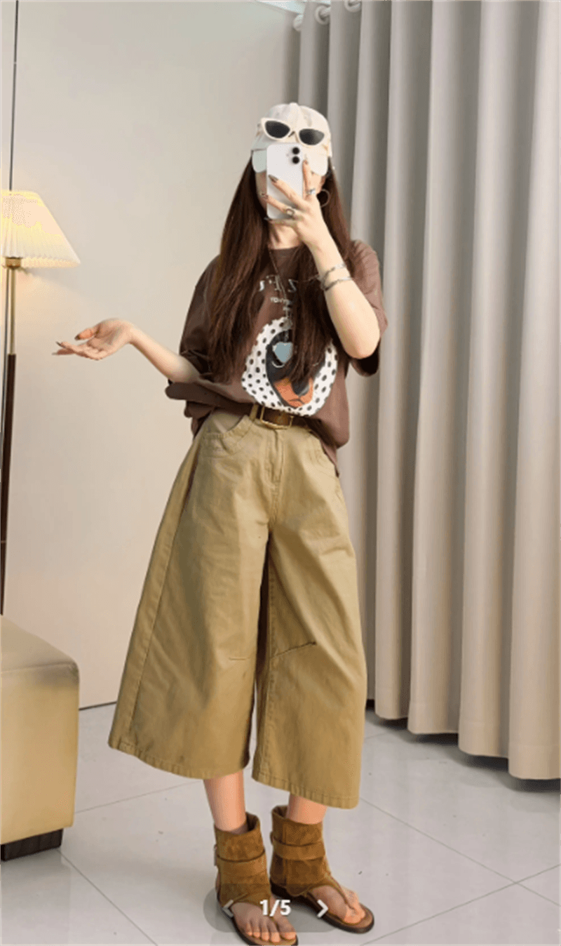 아메리칸 레트로 카키 색 7 점 청바지 여성 봄 여름 2026 새로운 루즈핏 스트레이트 넓은 다리 6 점 반바지 상세 이미지 2