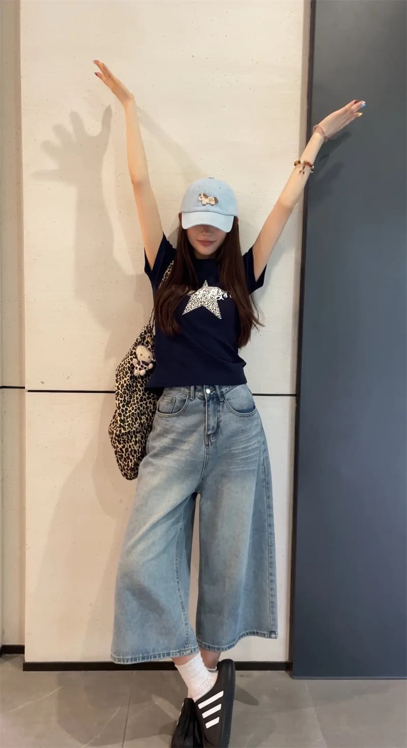 아메리칸 레트로 하늘색 8 점 청바지 여성 여름 작은 키 루즈핏 캐주얼 스트레이트 넓은 다리 7 점 바지 상세 이미지 5