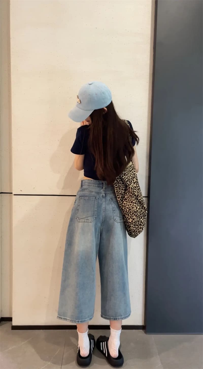 아메리칸 레트로 하늘색 8 점 청바지 여성 여름 작은 키 루즈핏 캐주얼 스트레이트 넓은 다리 7 점 바지 상세 이미지 6