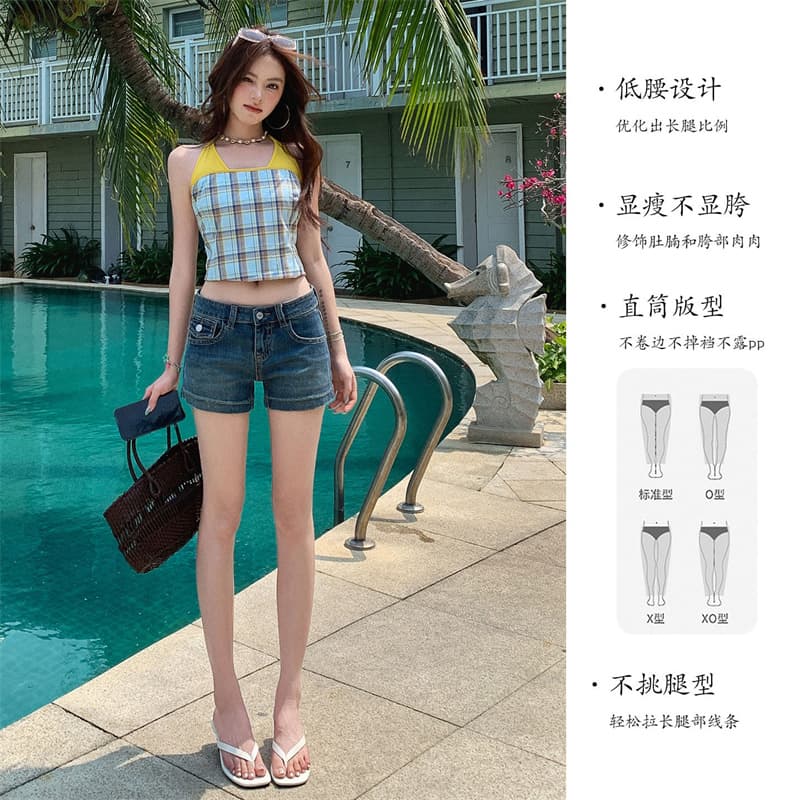 아메리칸 레트로 다채로운 라인 곡물 자수 데님 반바지 여성 여름 새로운 로우 웨이스트 몸매 가꾸기 슬림해 보이는 신축성 핫걸 핫 바지 이미지 5