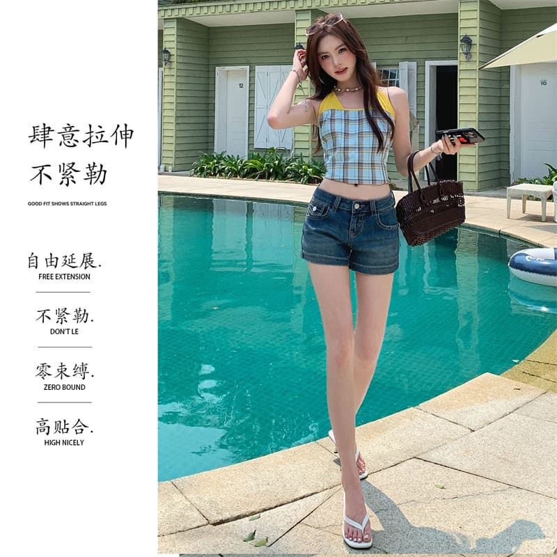 아메리칸 레트로 다채로운 라인 곡물 자수 데님 반바지 여성 여름 새로운 로우 웨이스트 몸매 가꾸기 슬림해 보이는 신축성 핫걸 핫 바지 상세 이미지 5