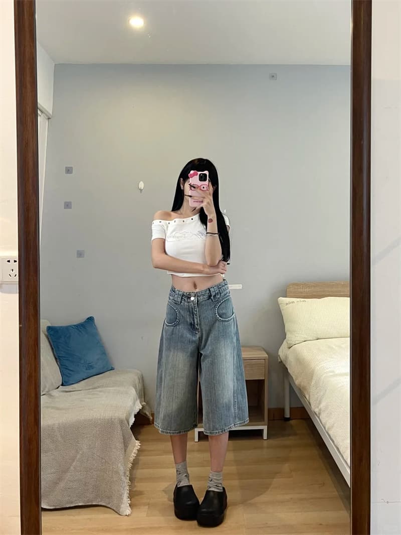 아메리칸 레트로 대나무 마디 곡물 7 점 청바지 여성 여름 2026 새로운 이중 버튼 루즈핏 6 점 바지 반바지 상세 이미지 3