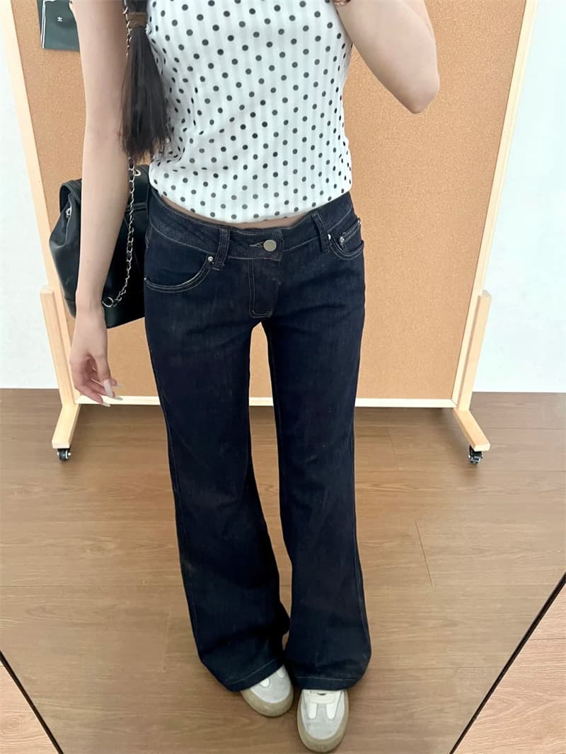 청바지 여성 여름 원본 암소 색상 핫걸 주머니 자수 디자인 부츠컷 바지 로우 웨이스트 루즈핏 아니요 막대기 다리 바닥 청소 바지 상세 이미지 4