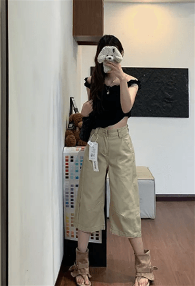 아메리칸 레트로 카키 색 7 점 청바지 여성 여름 하이웨이스트 스트레이트 벽오동 넓은 다리 8 점 바지 반바지 이미지 2