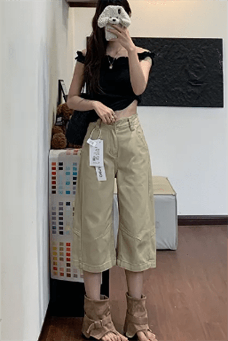 아메리칸 레트로 카키 색 7 점 청바지 여성 여름 하이웨이스트 스트레이트 벽오동 넓은 다리 8 점 바지 반바지 상세 이미지 3