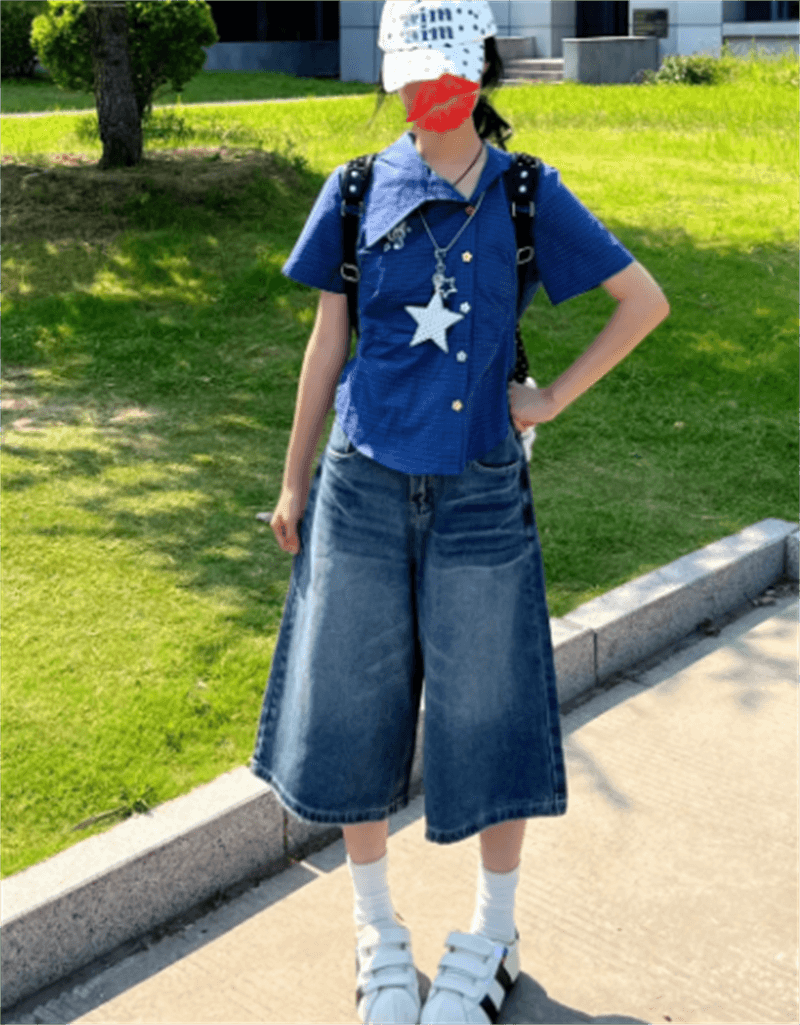 데님 7부 바지 여성 여름 높음 거리 ins 트렌디 마 오래된 와이드 레그 팬츠 스트레이트 루즈핏 다용도 느슨함 센스 느긋한 바지