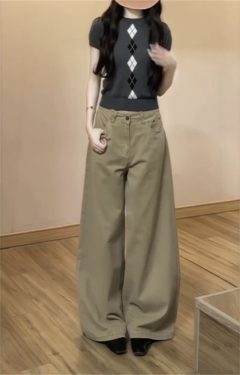 빅 사이즈 아메리칸 레트로 청바지 여성 이른 가을 세련된 작은 대중 다용도 바닥 청소 긴 바지 카키 색 슬림해 보이는 와이드 레그 팬츠 상세 이미지 3