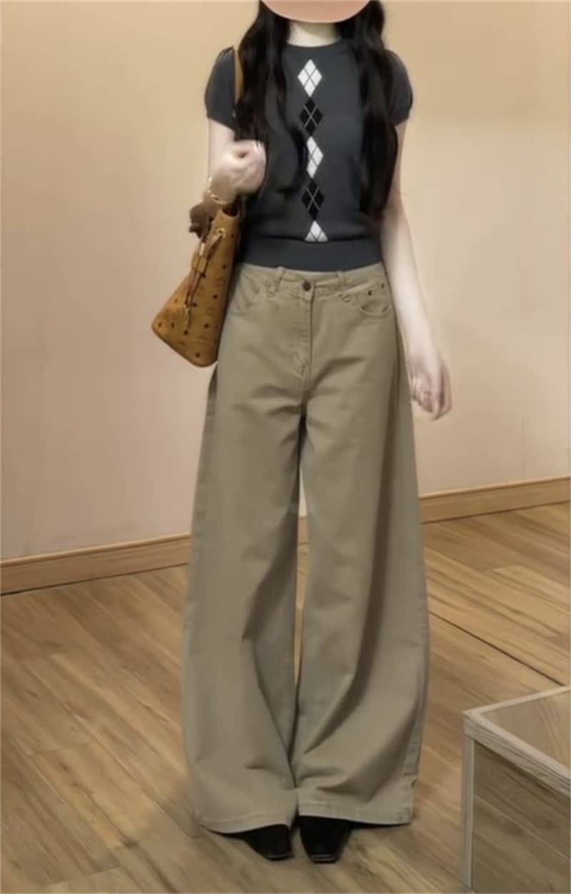 빅 사이즈 아메리칸 레트로 청바지 여성 이른 가을 세련된 작은 대중 다용도 바닥 청소 긴 바지 카키 색 슬림해 보이는 와이드 레그 팬츠 상세 이미지 4