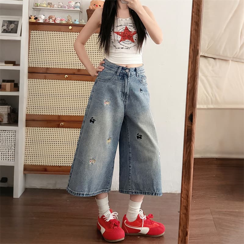 아메리칸 레트로 강아지 자수 7 점 청바지 여성 2026 새로운 루즈핏 넓은 다리 7 분 바지 반바지 상세 이미지 4