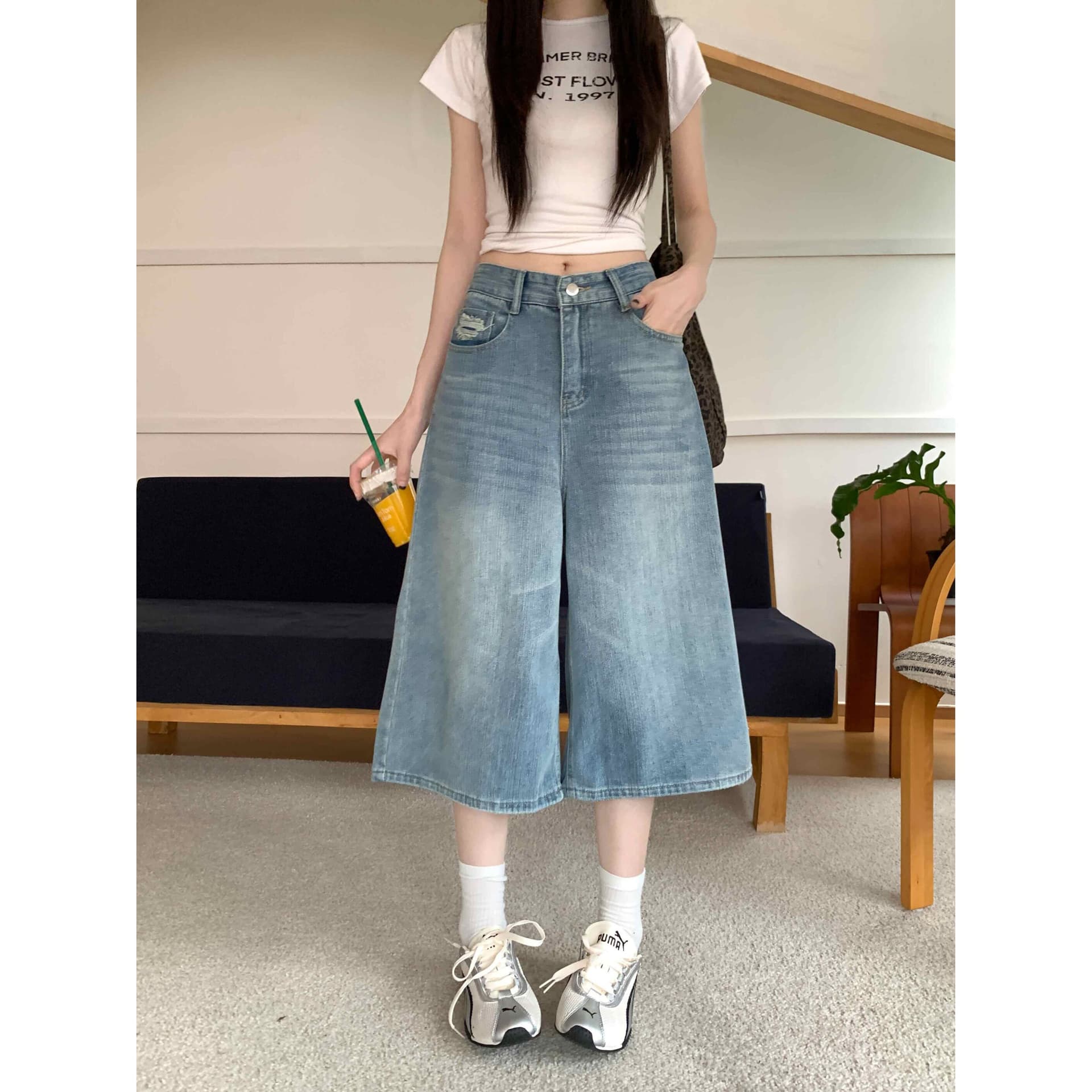 데님 반바지 여성 빅 사이즈 루즈핏 슬림해 보이는 아메리칸 워싱 찢어진 넓은 다리 바지 도루 센스 표지 고기 7부 바지 이미지 5
