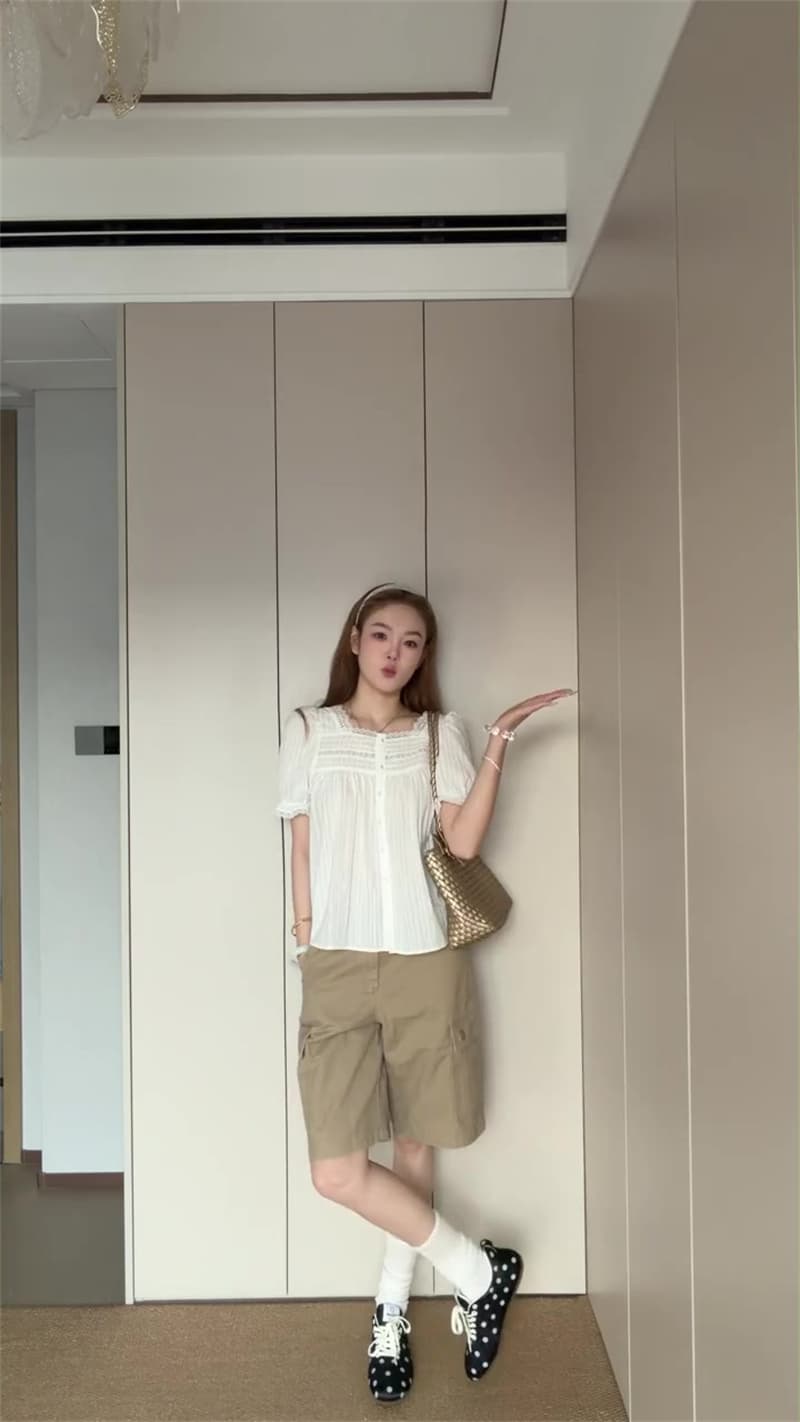 아메리칸 레트로 카키 색 워크웨어 데님 반바지 여성 루즈핏 바지 기타 주머니 디자인 5 점 캐주얼 바지 상세 이미지 3