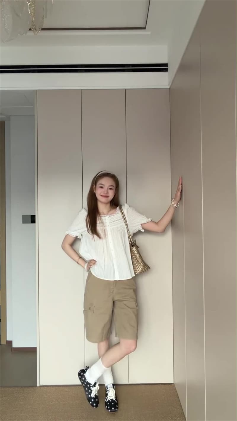 아메리칸 레트로 카키 색 워크웨어 데님 반바지 여성 루즈핏 바지 기타 주머니 디자인 5 점 캐주얼 바지 상세 이미지 5