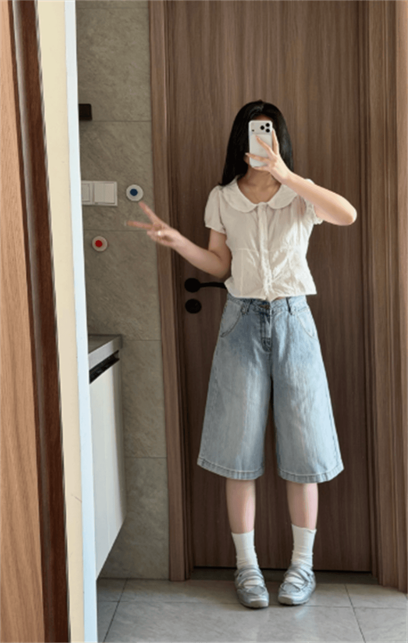 아메리칸 레트로 파리 버클 7 점 청바지 2026 새로운 디자인 센스 루즈핏 넓은 다리 바지 반바지 상세 이미지 2