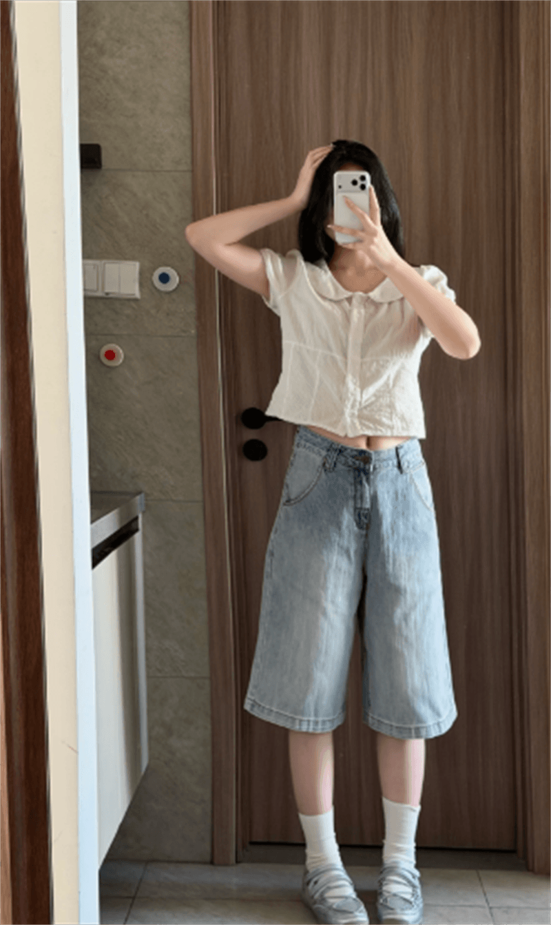 아메리칸 레트로 파리 버클 7 점 청바지 2026 새로운 디자인 센스 루즈핏 넓은 다리 바지 반바지 상세 이미지 4
