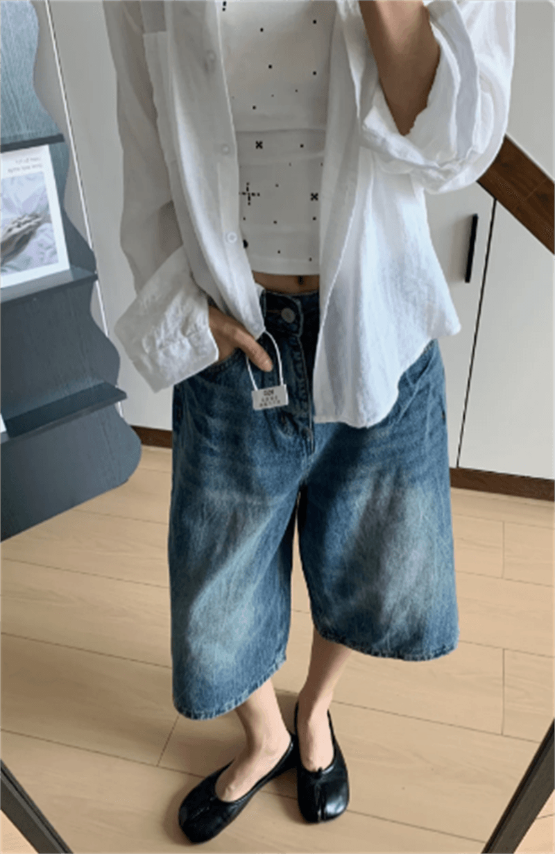 빅 사이즈 bf 느긋한 바람 높음 거리 데님 반바지 여성 2026 새로운 7부 바지 마 오래된 루즈핏 레트로 넓은 다리 이미지 2