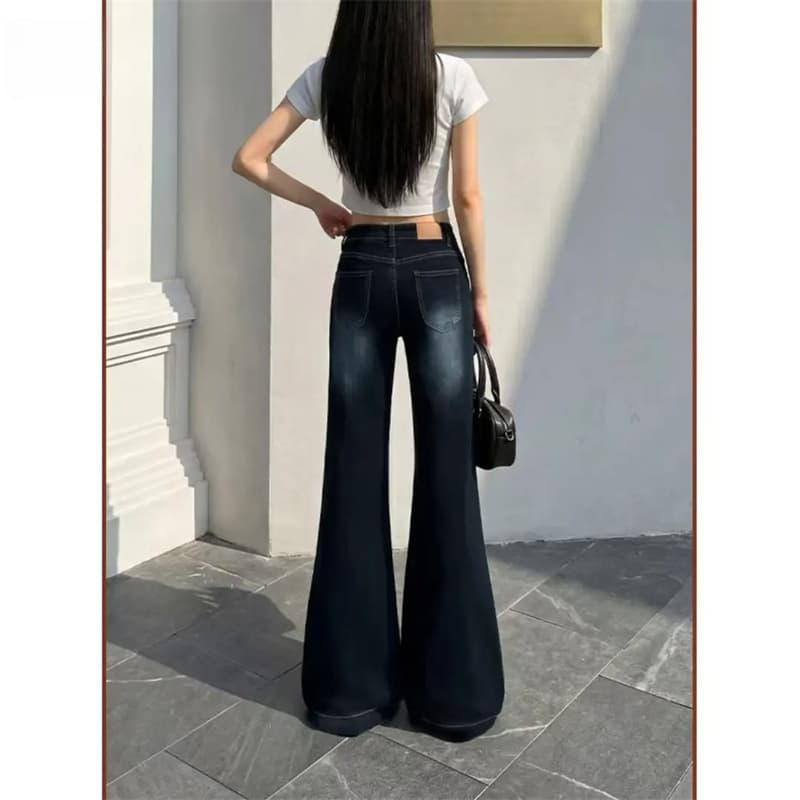 아메리칸 레트로 부츠컷 청바지 여성 가을 2026 새로운 몸매 가꾸기 아니요 막대기 다리 슬림해 보이는 호스 슈 나팔 롱 바지 이미지 2