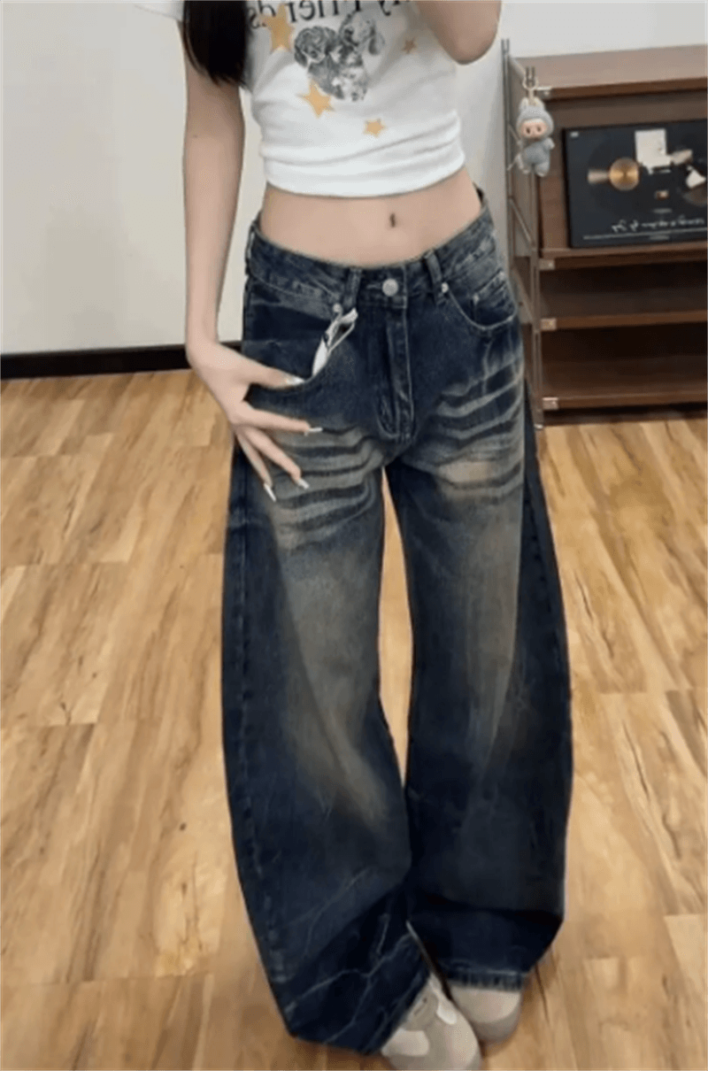 아메리칸 레트로 마 오래된 모통이 칼 바지 청바지 여성 가을 2026 새로운 하이웨이스트 루즈핏 스트레이트 넓은 다리 낫 바지 이미지 3