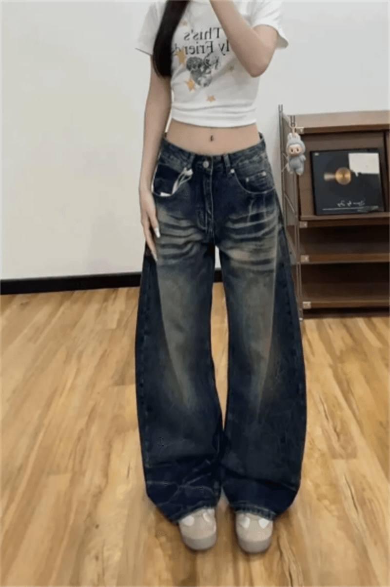 아메리칸 레트로 마 오래된 모통이 칼 바지 청바지 여성 가을 2026 새로운 하이웨이스트 루즈핏 스트레이트 넓은 다리 낫 바지 이미지 4