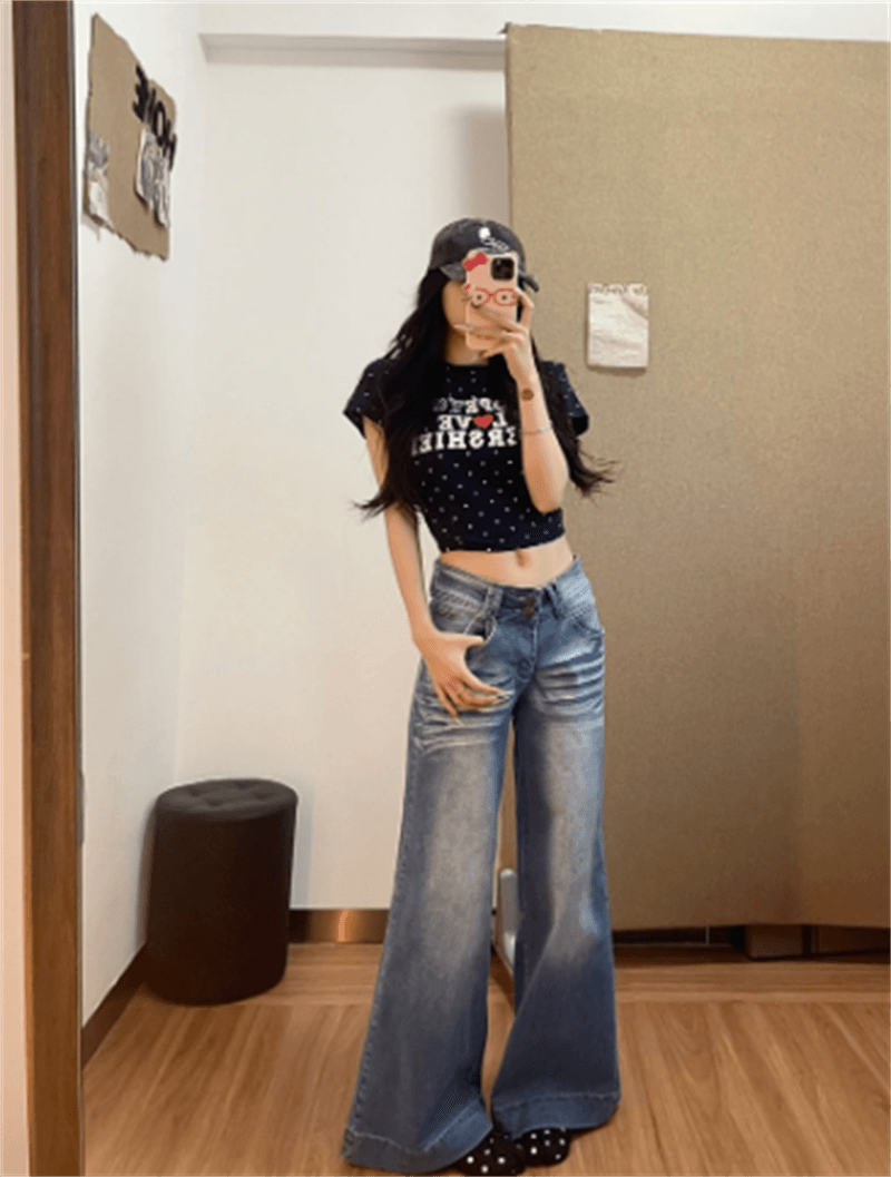 청바지 여성 가을 디자인 센스 워싱 연삭 화이트 로우 웨이스트 와이드 레그 팬츠 좁은 에디션 아니요 막대기 다리 슬림해 보이는 바닥 청소 부츠컷 바지 이미지 3