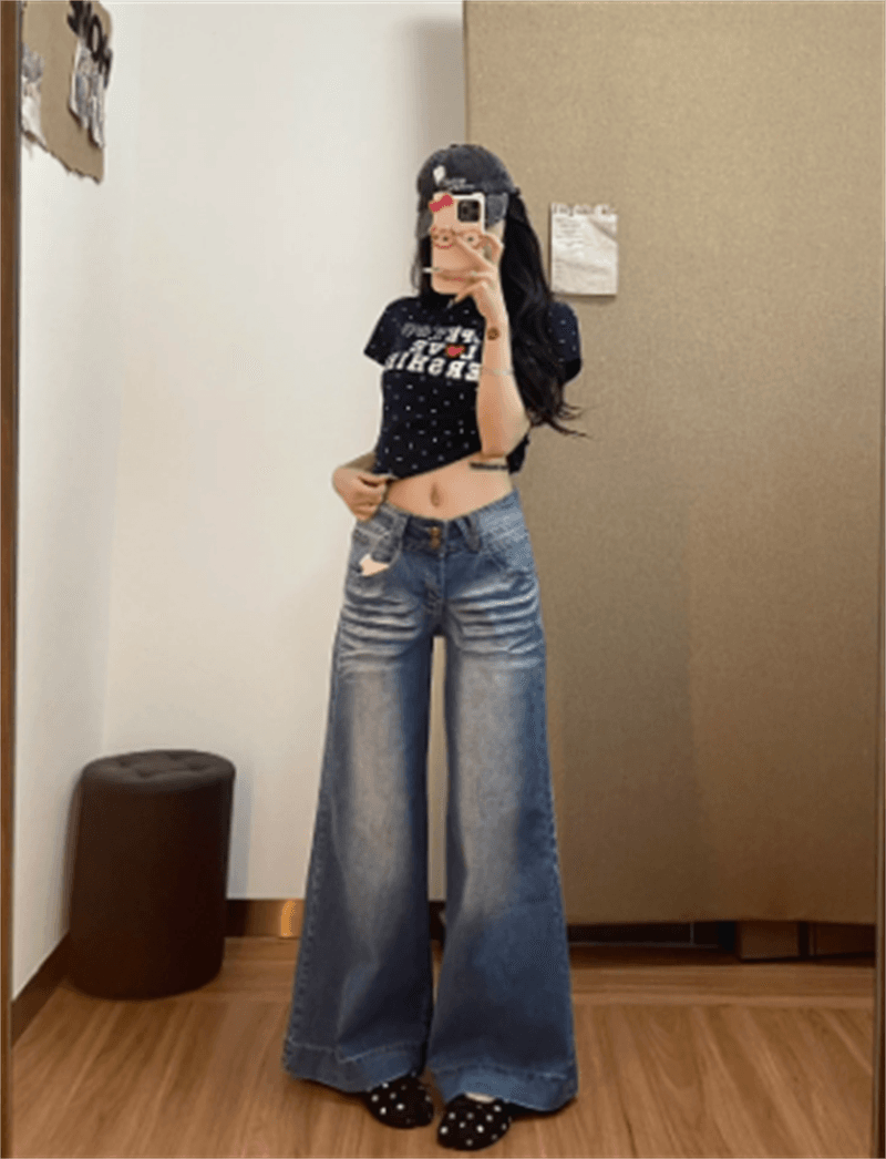 청바지 여성 가을 디자인 센스 워싱 연삭 화이트 로우 웨이스트 와이드 레그 팬츠 좁은 에디션 아니요 막대기 다리 슬림해 보이는 바닥 청소 부츠컷 바지 상세 이미지 2