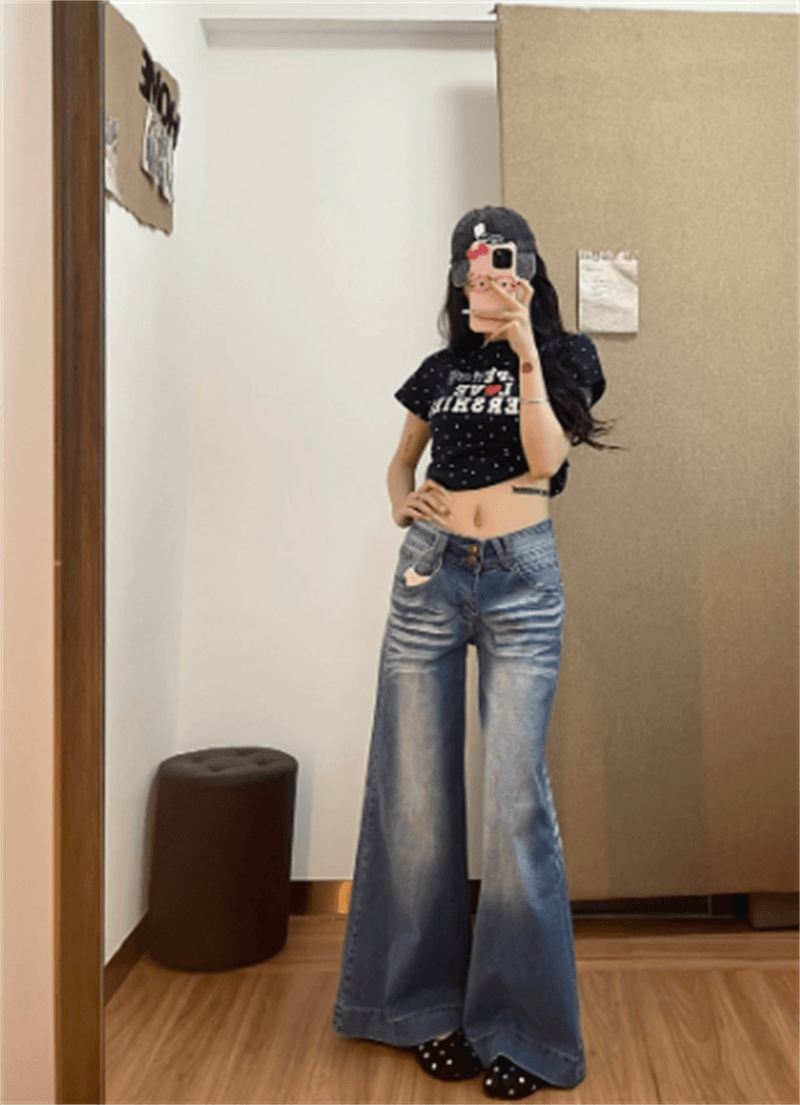 청바지 여성 가을 디자인 센스 워싱 연삭 화이트 로우 웨이스트 와이드 레그 팬츠 좁은 에디션 아니요 막대기 다리 슬림해 보이는 바닥 청소 부츠컷 바지 상세 이미지 3
