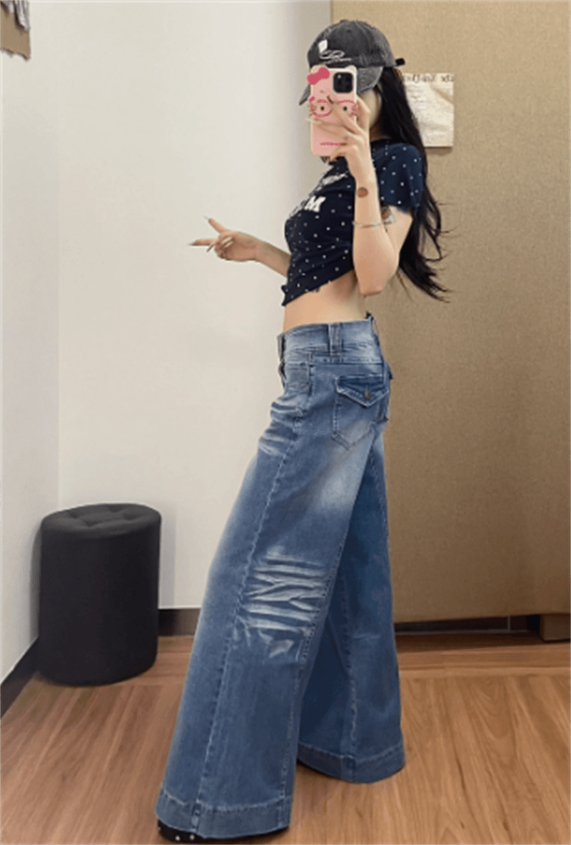 청바지 여성 가을 디자인 센스 워싱 연삭 화이트 로우 웨이스트 와이드 레그 팬츠 좁은 에디션 아니요 막대기 다리 슬림해 보이는 바닥 청소 부츠컷 바지 상세 이미지 5