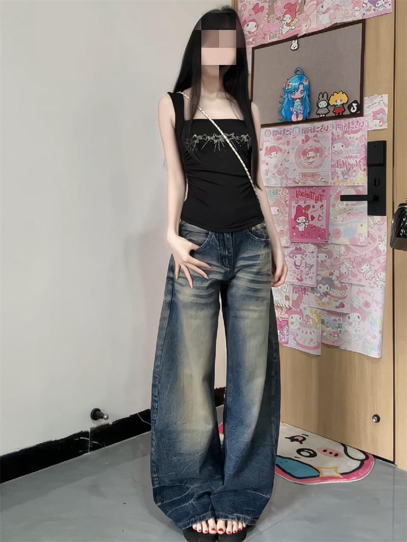 청바지 여성 가을 아메리칸 레트로 워싱 대나무 마디 곡물 넓은 다리 모통이 칼 바지 하이웨이스트 루즈핏 슬림해 보이는 다용도 긴 바지