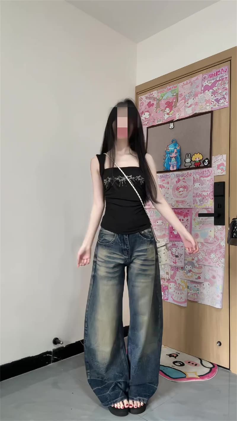 청바지 여성 가을 아메리칸 레트로 워싱 대나무 마디 곡물 넓은 다리 모통이 칼 바지 하이웨이스트 루즈핏 슬림해 보이는 다용도 긴 바지 상세 이미지 3
