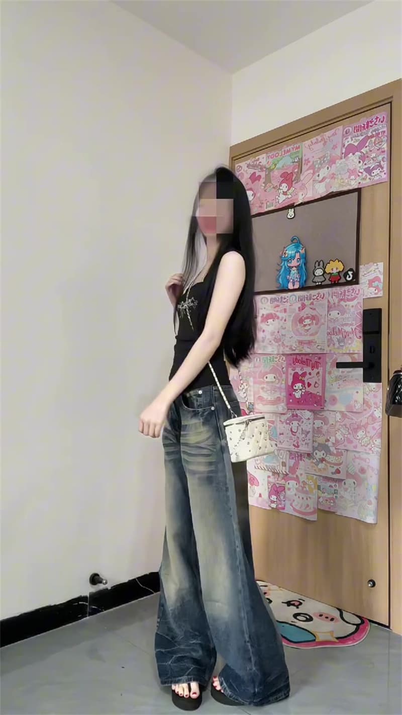 청바지 여성 가을 아메리칸 레트로 워싱 대나무 마디 곡물 넓은 다리 모통이 칼 바지 하이웨이스트 루즈핏 슬림해 보이는 다용도 긴 바지 상세 이미지 4