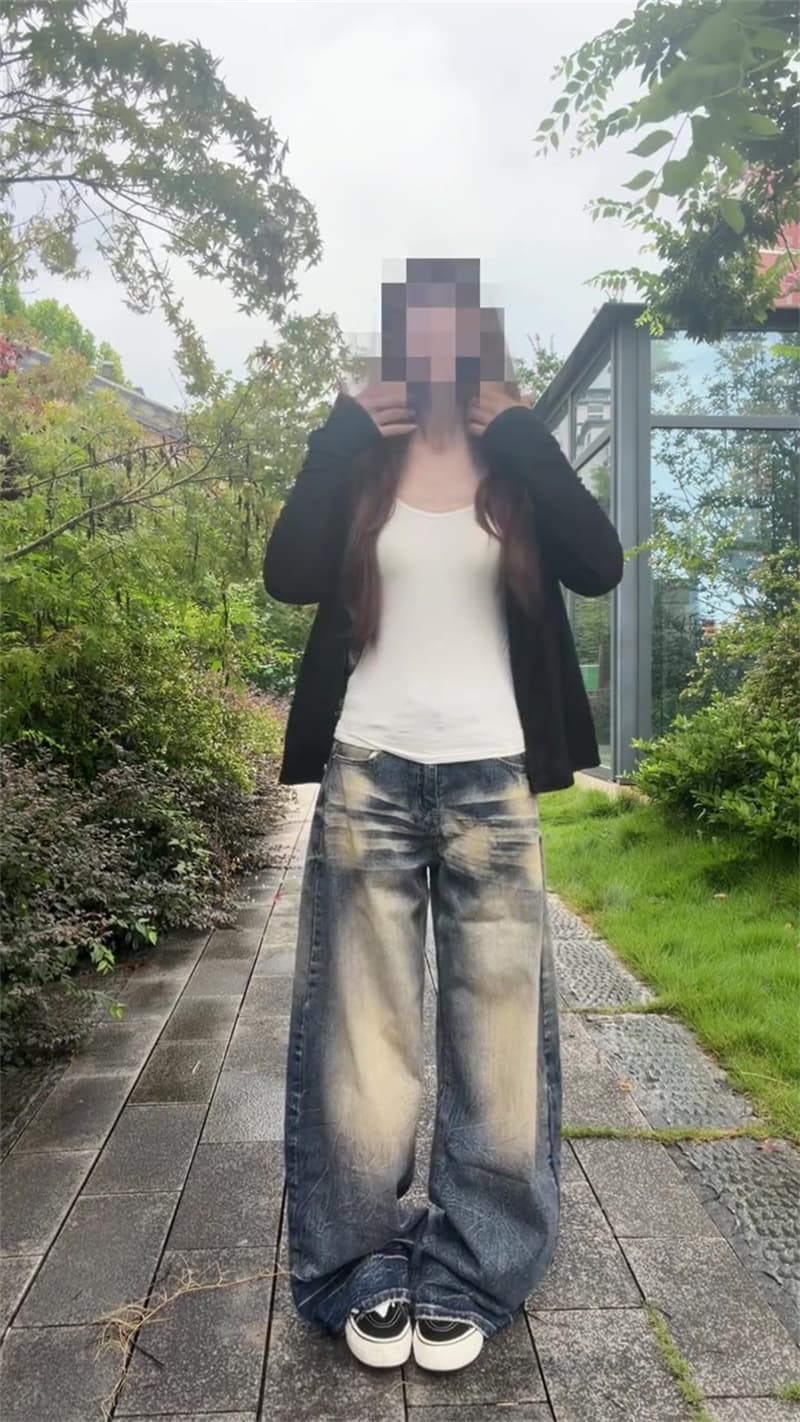 2026 새로운 슬림해 보이는 자이언트 잘 생긴 워싱 얇은 스타일 청바지 레트로 모통이 칼 바닥 청소 루즈핏 마 오래된 아메리칸 넓은 다리 이미지 3