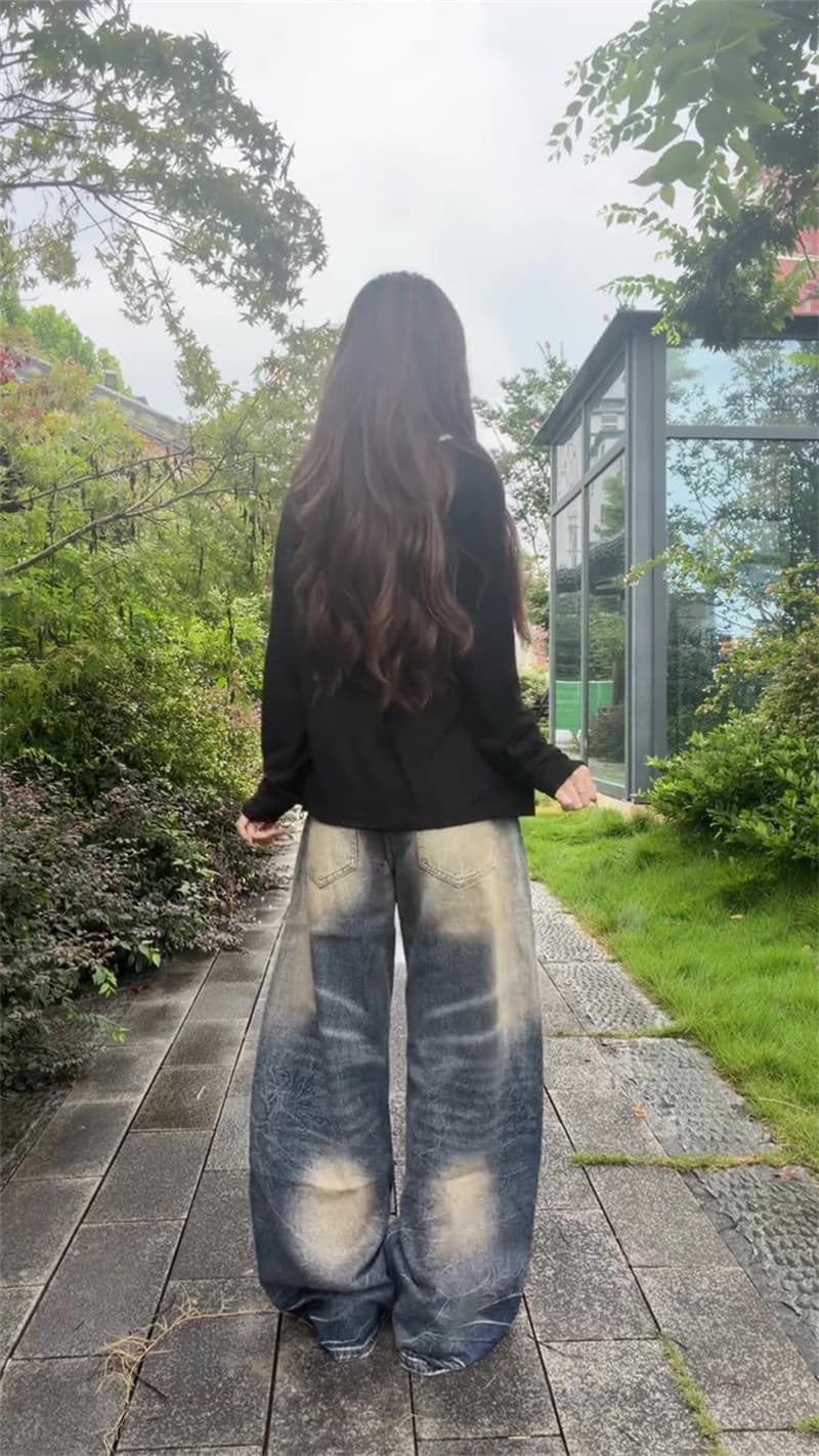 2026 새로운 슬림해 보이는 자이언트 잘 생긴 워싱 얇은 스타일 청바지 레트로 모통이 칼 바닥 청소 루즈핏 마 오래된 아메리칸 넓은 다리 상세 이미지 6