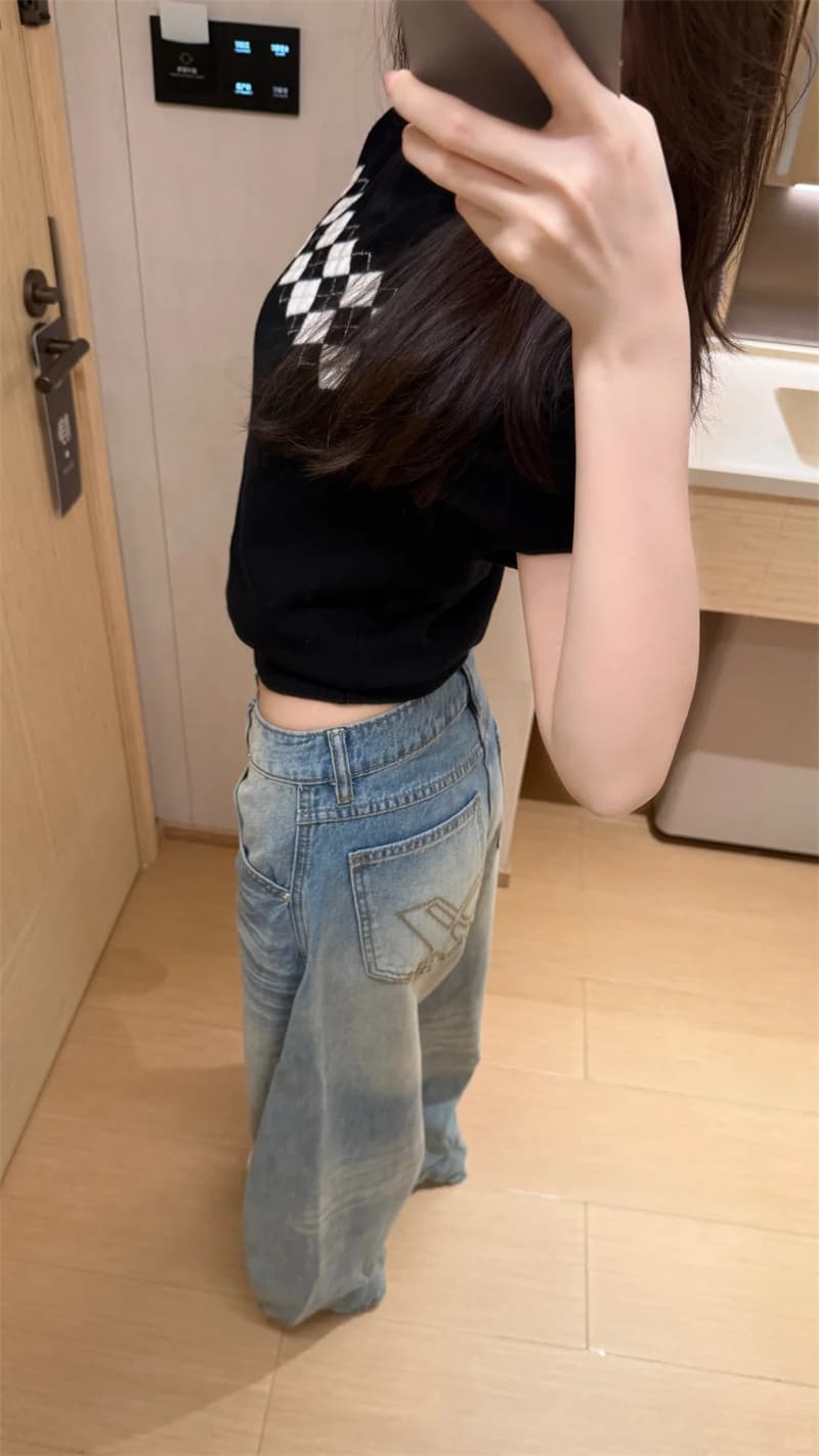 아메리칸 레트로 고양이 반드시 모통이 칼 청바지 여성 가을 2026 새로운 하이웨이스트 루즈핏 스트레이트 넓은 다리 낫 바지 이미지 2