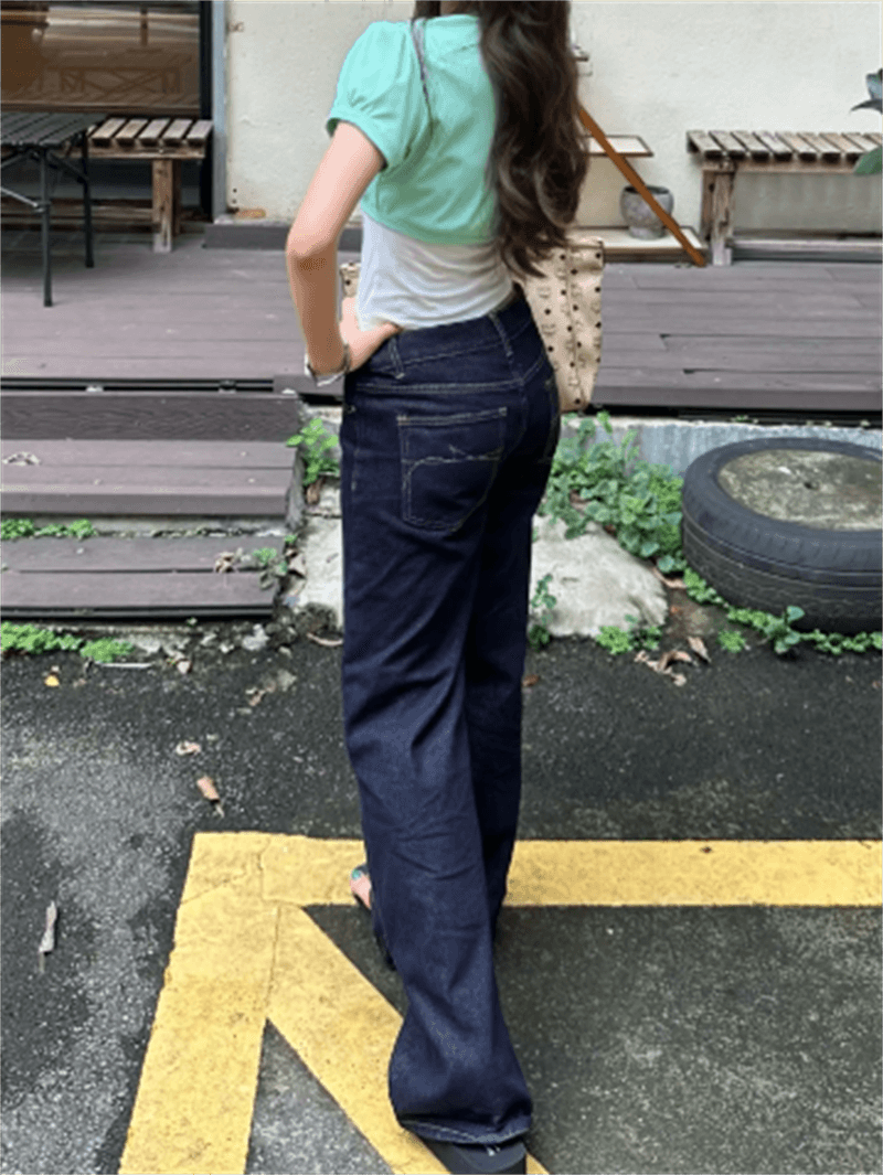 청바지 여성 가을 레트로 항구 바람 마 오래된 품격 다용도 부츠컷 바지 느긋한 도루 센스 로우 웨이스트 슬림해 보이는 바닥 청소 바지 이미지 2