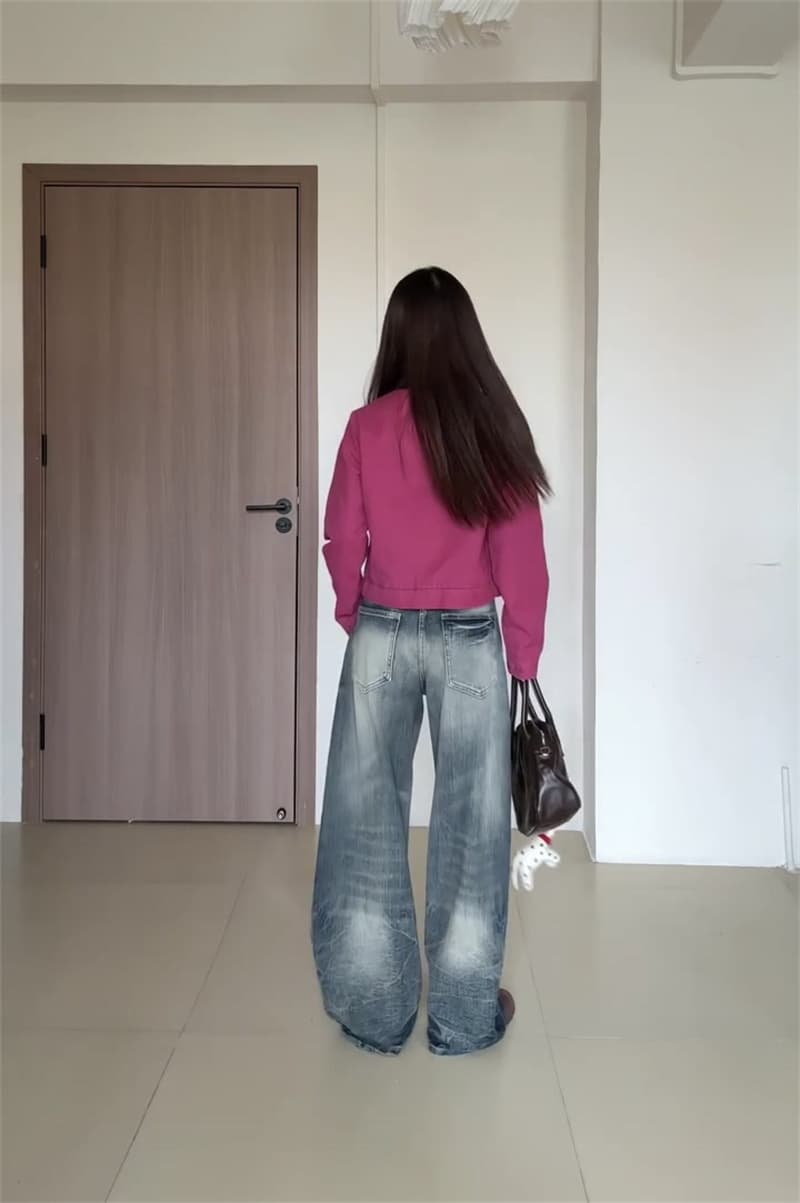 청바지 여성 가을 진한 파란색 마 오래된 연삭 화이트 대나무 마디 곡물 와이드 레그 팬츠 지방 mm 배 모양 표지 넓적 다리 슬림해 보이는 바닥 청소 긴 바지 상세 이미지 6