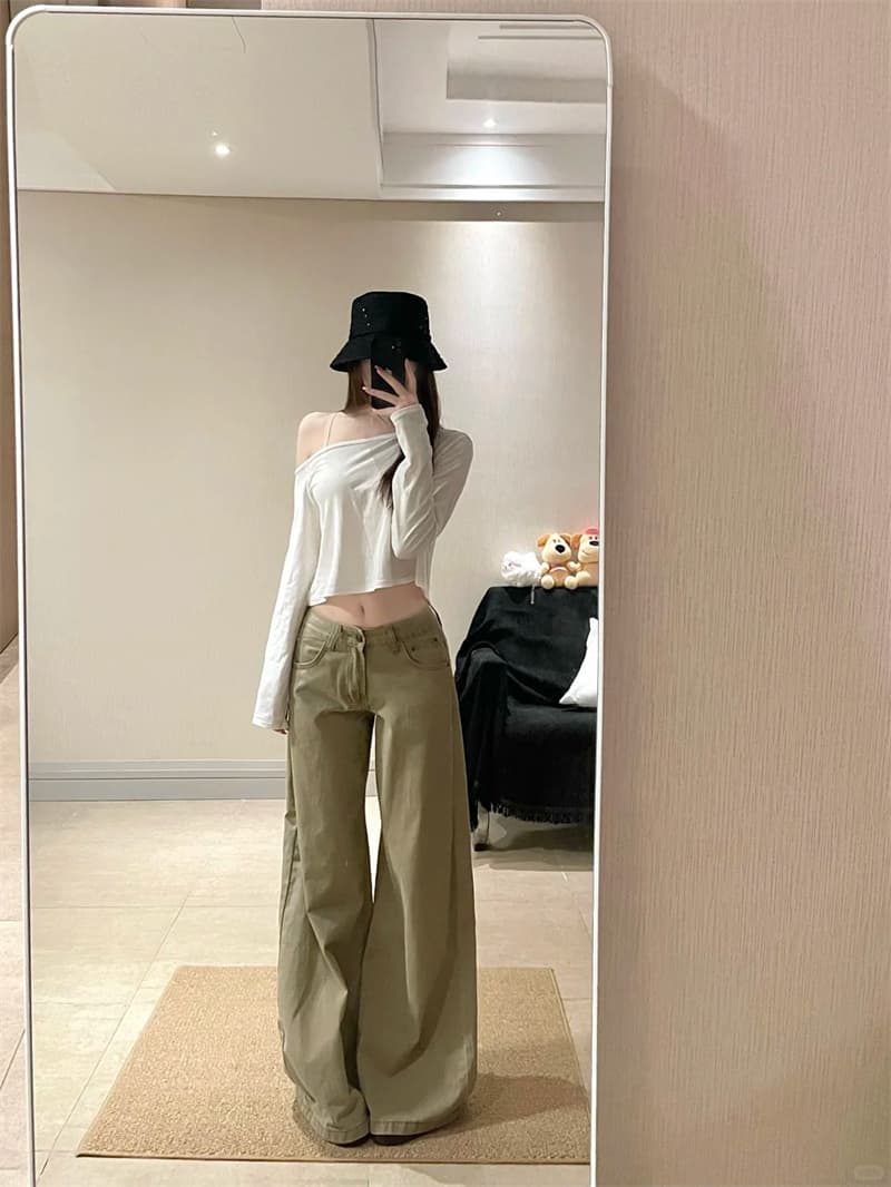아메리칸 레트로 카키 색 워크웨어 모통이 칼 청바지 여성 가을 2026 새로운 루즈핏 스트레이트 넓은 다리 낫 바지 상세 이미지 2