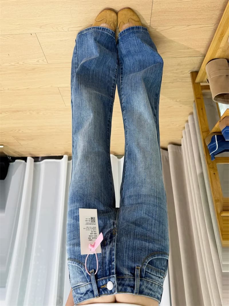마이크로 지방 mm 진한 파란색 워싱 마 오래된 청바지 여성 가을 새로운 슬림해 보이는 대나무 마디 곡물 로우 웨이스트 부츠컷 스트레이트 팬츠 이미지 4